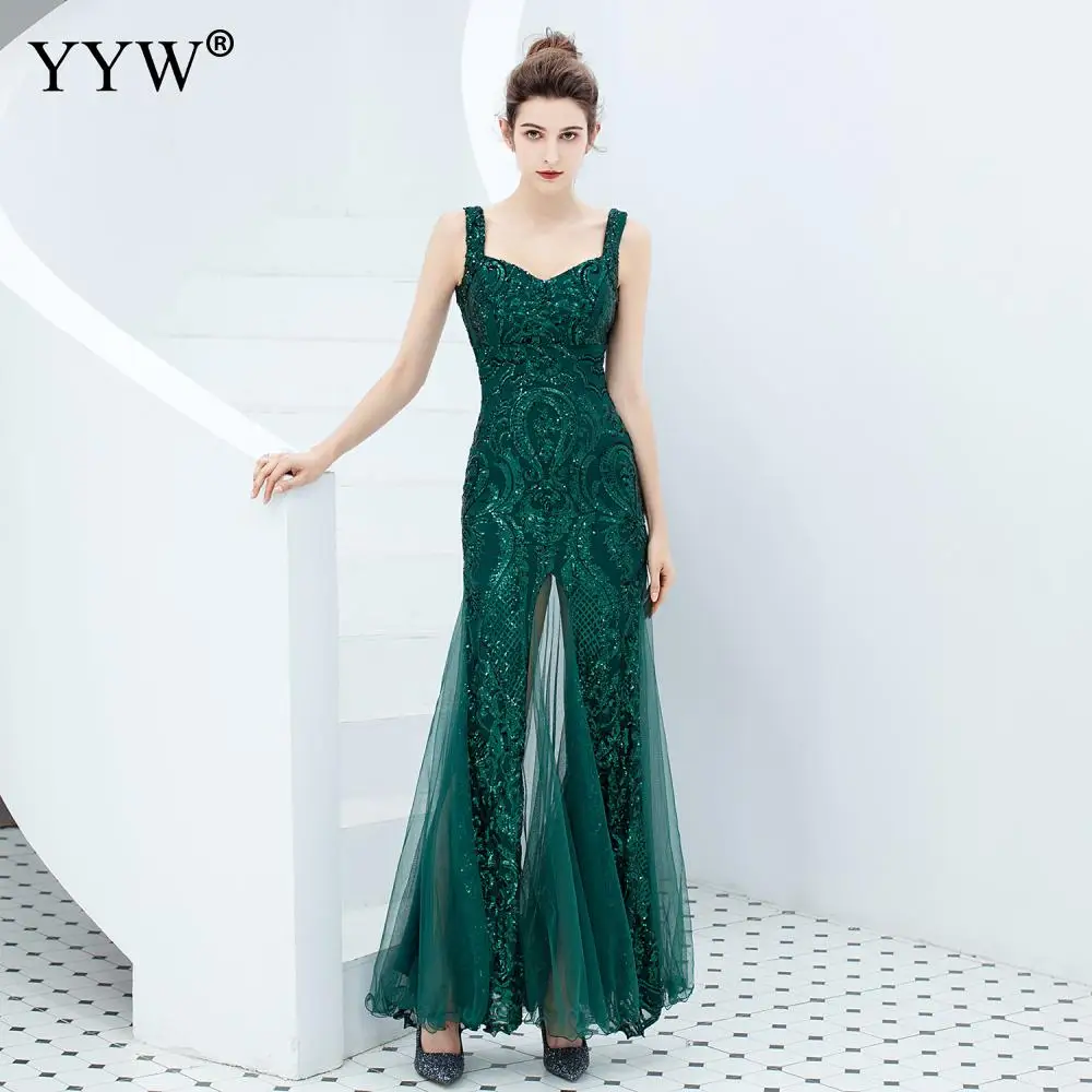 Green Sequined Summer Long Party Dress Spaghetti Strap Sexy Evening Gowns Women Sequin Mesh Patchwork Elegant Club Dresses