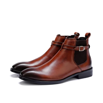 

Men's Cowboy Boots Ankle Dress Western Wedding Oxfords Square Toe Genuine Leather Chakku Buckle Shoes 2019 New