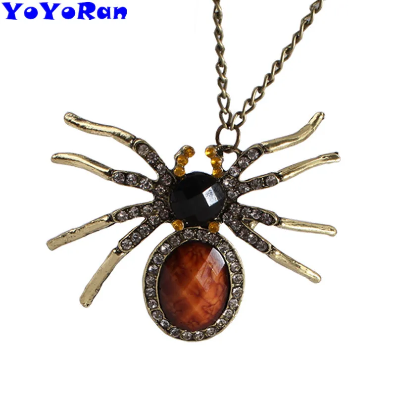 

1 piece Vintage crystal spider pendant necklaces for woman long chian bronze rhinestone spider insect long chain charm necklace