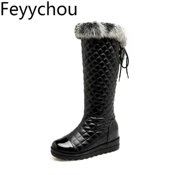 

Women's Boots Autumn Winter Med Heeled Fur Plush Knee-high Round Toe Flat Height Increasing Snow Boots Pu 2019 New Sexy Fashion