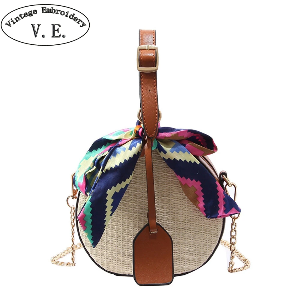

Women Straw Bag Crossbody Bags For Girls Fashion Scarves Round Saddle Bag Rattan Woven Shoulder Messenger Bags Lady Tote Handbag