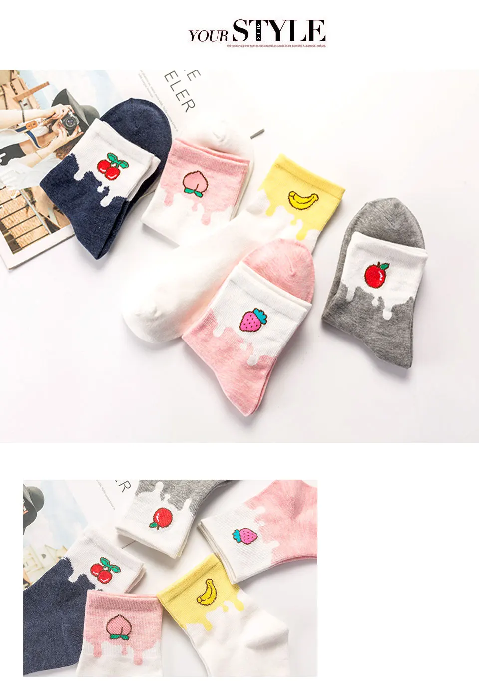 New Product Fresh Cartoon Color Matching Fruit Peach Strawberry Cherry Lady Tube Fashion Cotton Sock Sweet Casual Female Socks (3)