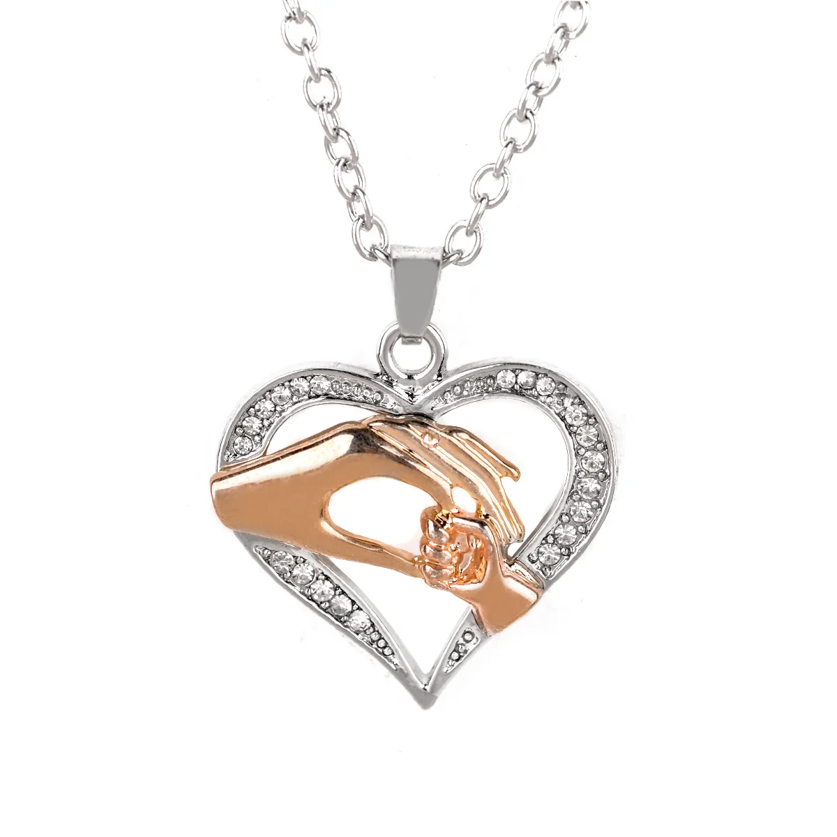 Mom Loves Baby Hand in Hand Heart Shape Charm Pendant Necklace Rose Gold Silver Link Chain Choker Women Mothers Day Gift Jewelry