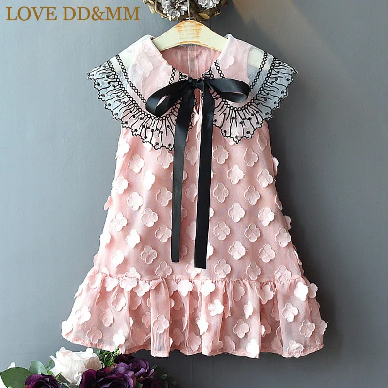 Платья для девочек с надписью «LOVE DD& MM» г., новая летняя детская одежда Сетчатое платье с кружевным кукольным воротником и бантом в стиле колледжа для девочек