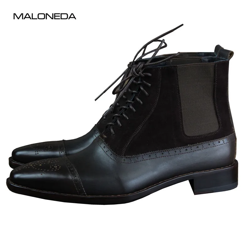 

MALONEDA Custom Made Genuine Leather Suede and Calf Leather Ankle Boots Black Lace up Short Boot With Goodyear Welted