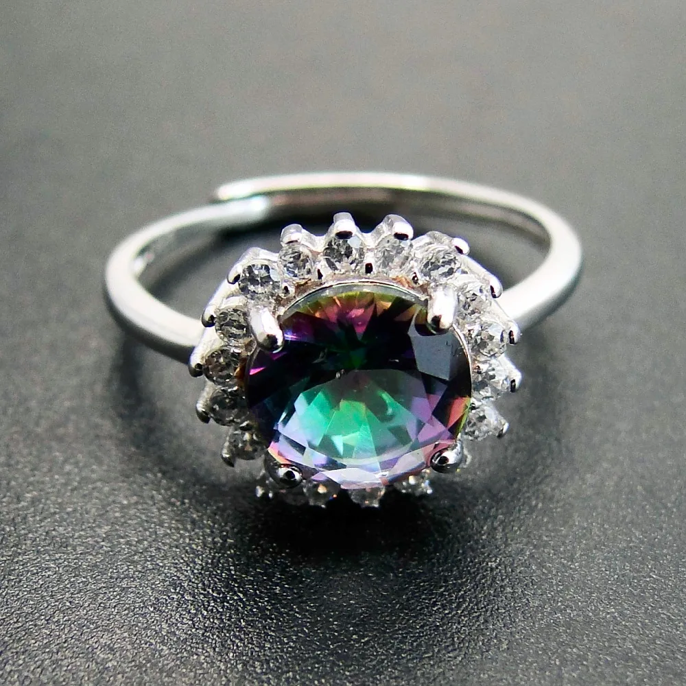 925 Sterling Silver Rainbow Mystic Topaz Gemstone Rings 8X8MM Round Trendy Engagement Wedding Ring Fine Jewelry for Women