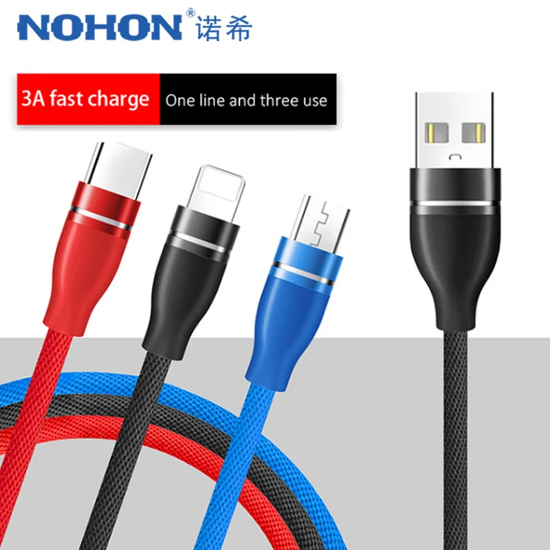 

NOHON 3 In 1 Usb Lighting Charger Cables 8 Pin For iPhone X 7 8 6 Plus Micro USB Type C For Samsung Xiaomi 5 Charging Cable 1.2M