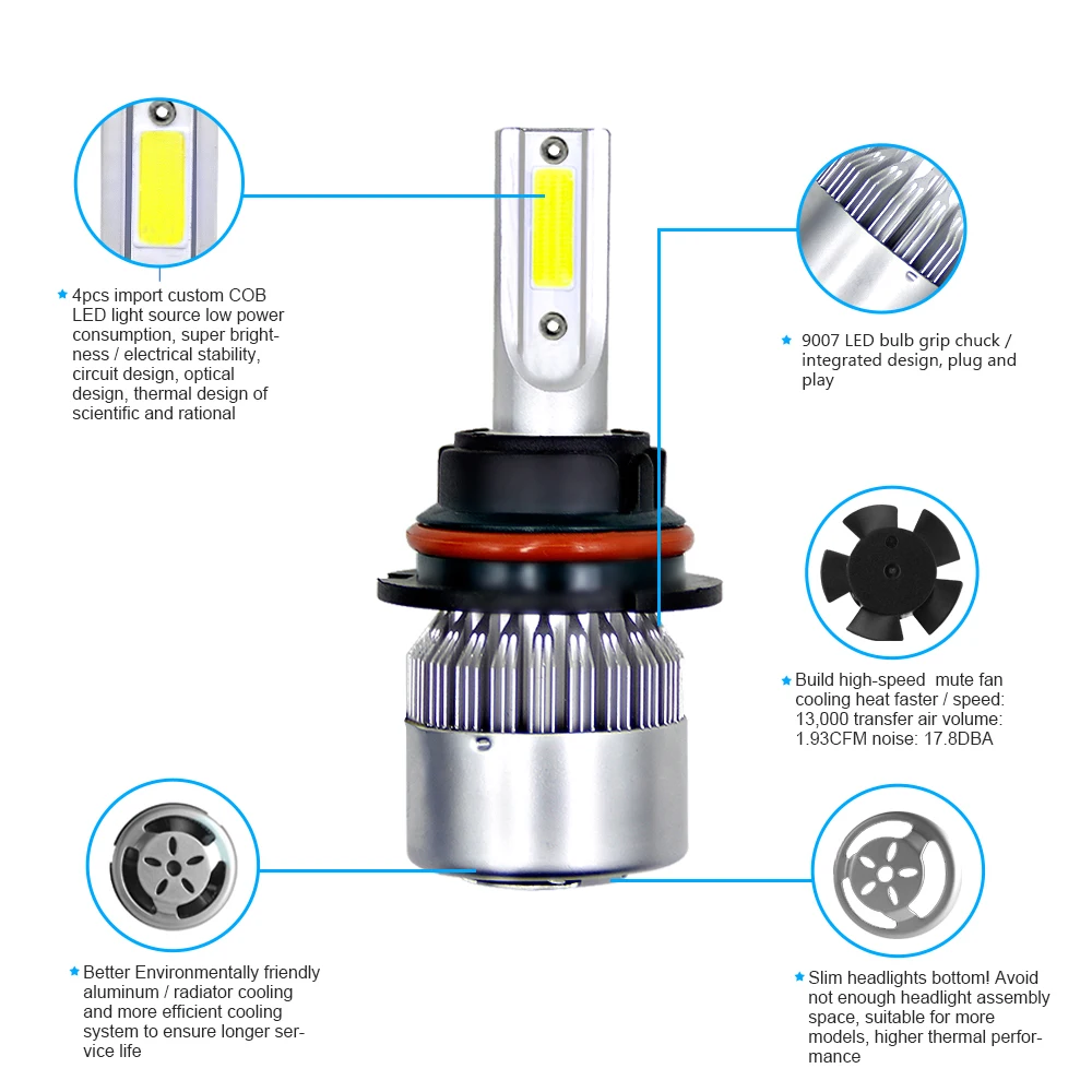 2pcs C6 Car Headlight Bulbs H1 H3 H7 H11 9005 9006 880 LED Car Lights H4 9004 9007 H13 Hi-Lo Beam Auto Headlamp Styling Lights