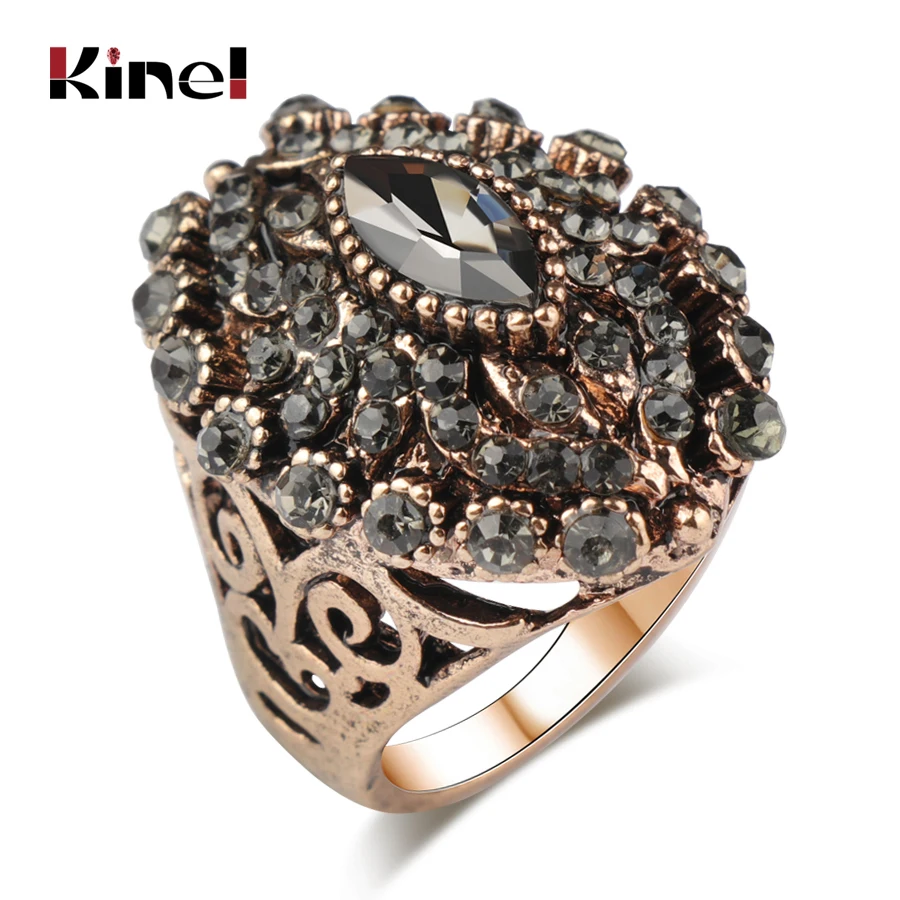 

Kinel Unique Antique Gold Color Gray Crystal Ring For Women Party Accessories Vintage Wedding Jewelry Luxury Gifts 2018 New