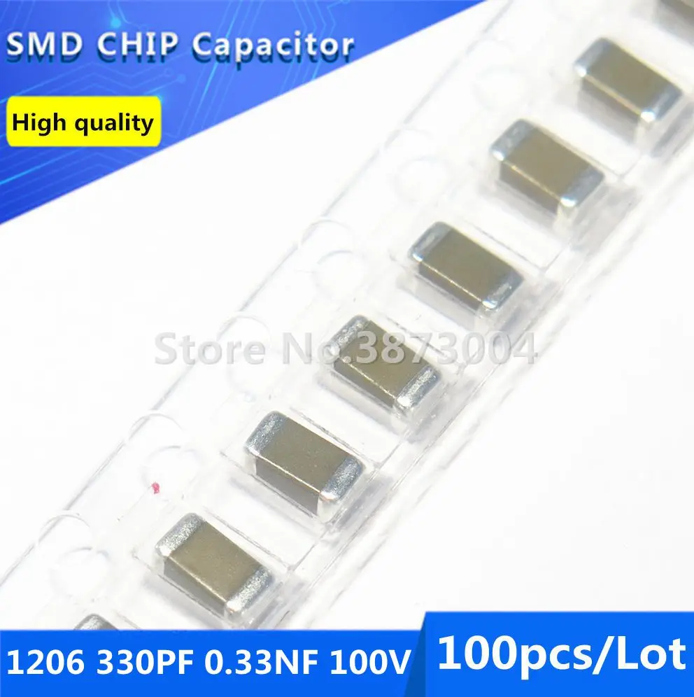 

100pcs 1206 330PF 0.33NF 100V 10% Thick Film Chip Multilayer Ceramic Capacitor