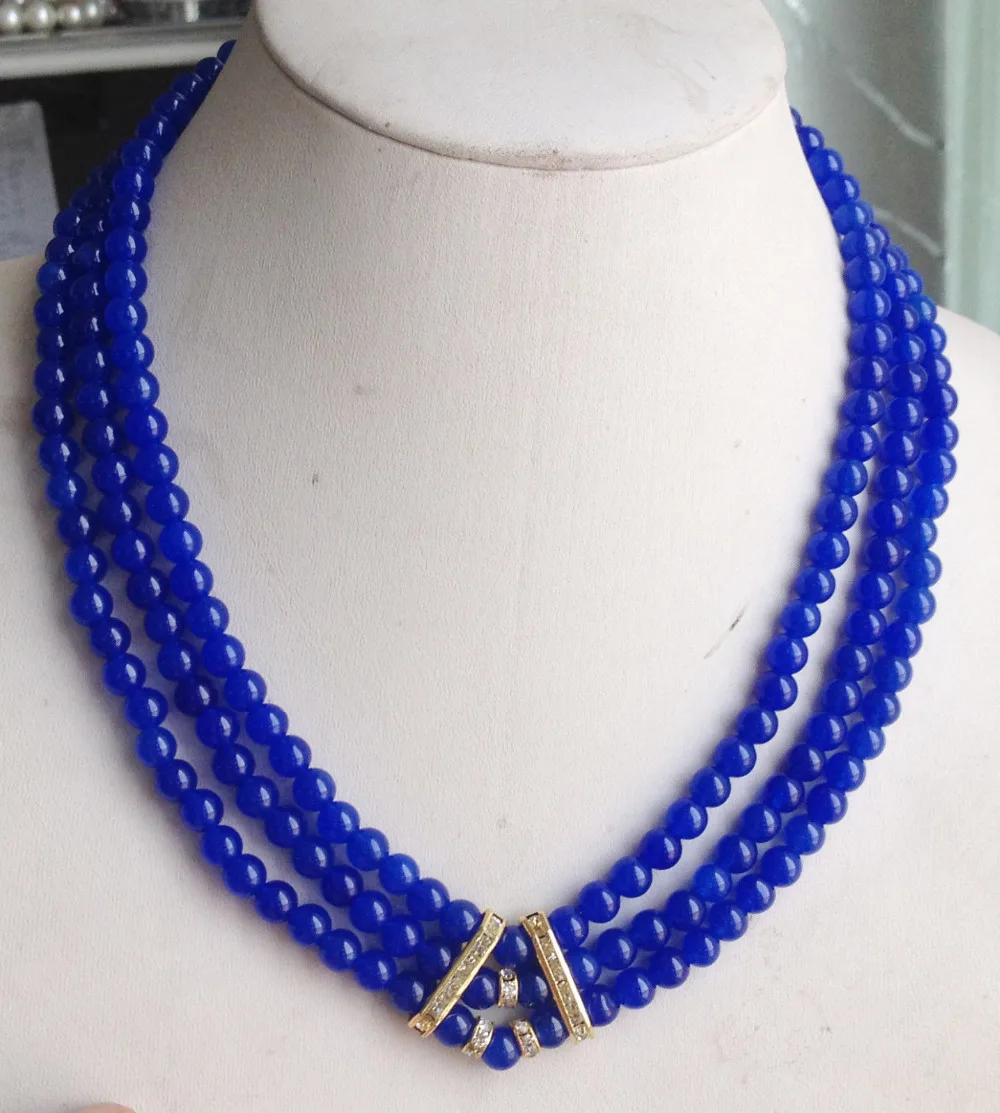 

3Rows 6mm Blue sapphires Round sbeadses Necklace Pendants Free shipping