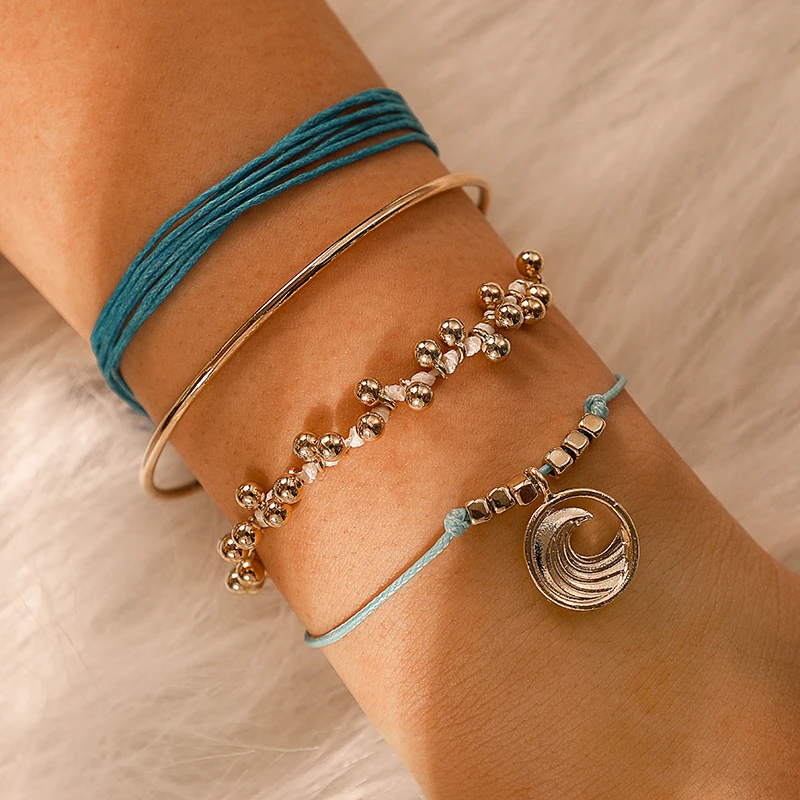 

docona Bohemian Blue Rope Beads Wave Mutilayer Bracelet Bangle Set for Women Metal Open Adjustable Bracelet Set Pulseiras 7003