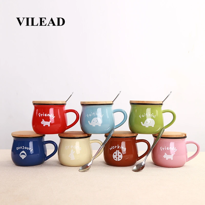 

VILEAD 150ml 250ml 350ml Ceramic Colorful Breakfast Mug With Lid Spoon Retro Coffee Cup Creative Milk Cups Lovely Gifts For Kids