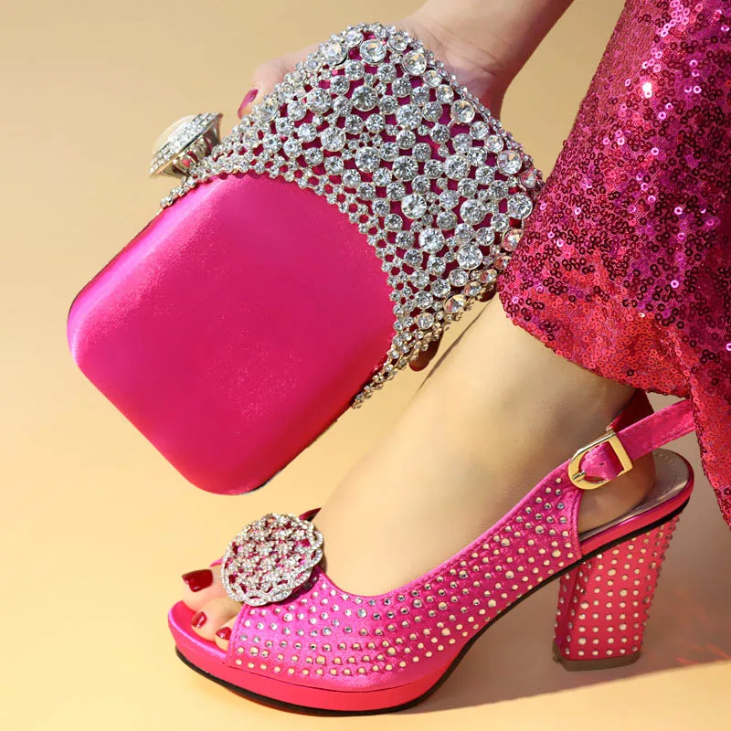 

Fuchsia Shoes and Bag Set Decorated with Rhinestone African Women Matching Italian Shoe and Bag Set for Wedding African Shoe Bag
