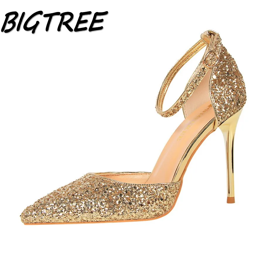 

BIGTREE new women pumps high heels shoes woman Fashion Pointed Toe Buckle Strap heels party wedding Sweet Bling stiletto shoes