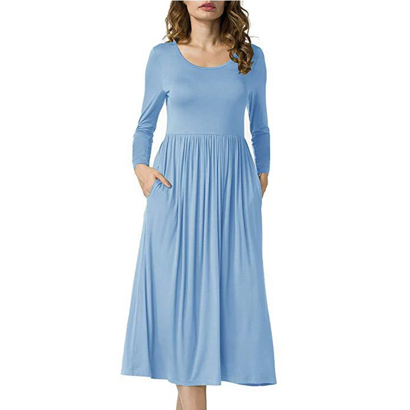 

SINGRAIN Women Long Sleeves Cotton Dress multicolor o-neck solid modal dress casual slim midi office dress elegant plus size party dress