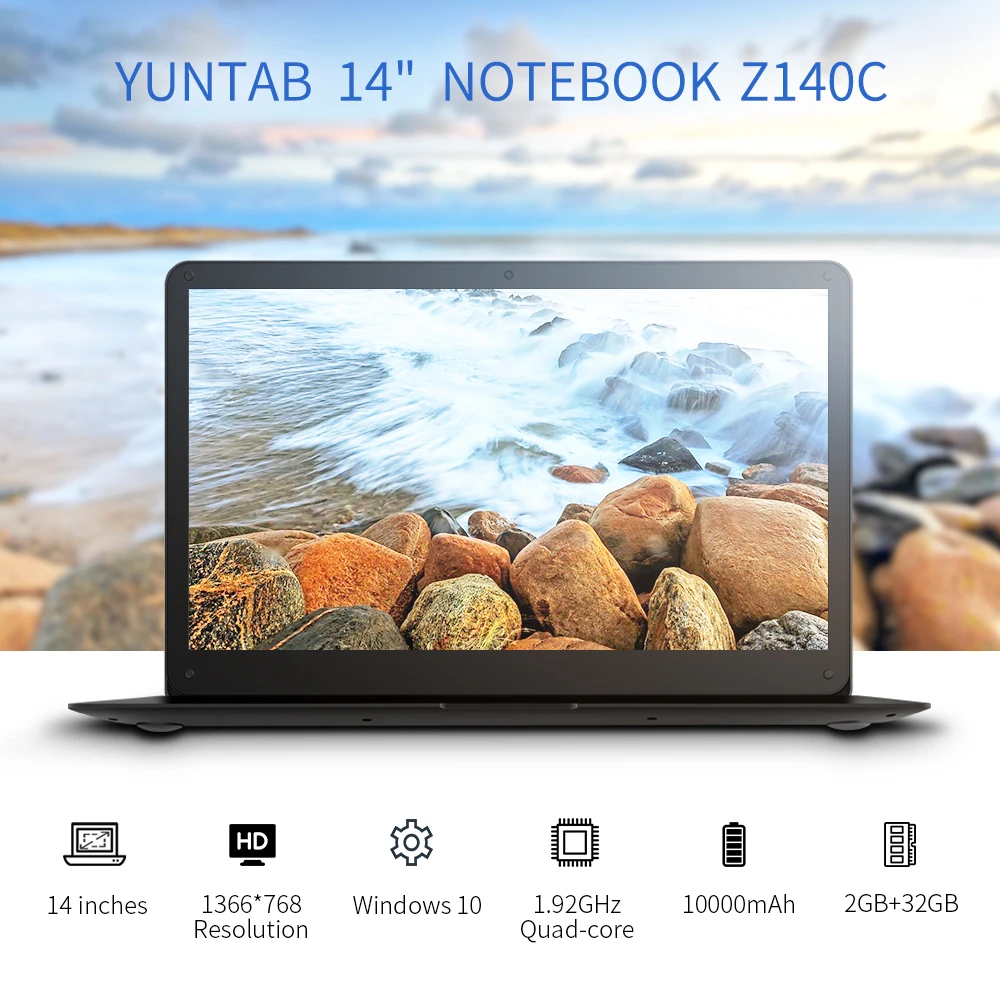 Новое поступление! YUNTAB 14,1 "Z140C Windows10 дома Система Ultra Slim Windows Tablet 2 ГБ + 32 ГБ Поддержка Bluetooth с клавиатуры (черный)