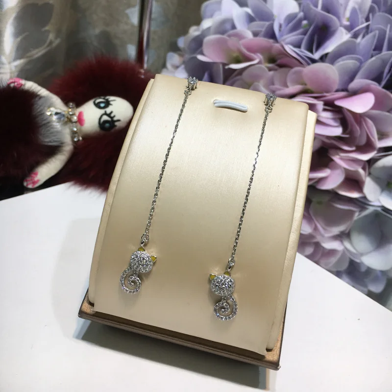 

Fashion Designer Long String Cute Cat Pendant Earrings Real 925 Sterling Silver Trendy Women Dangle Earrings