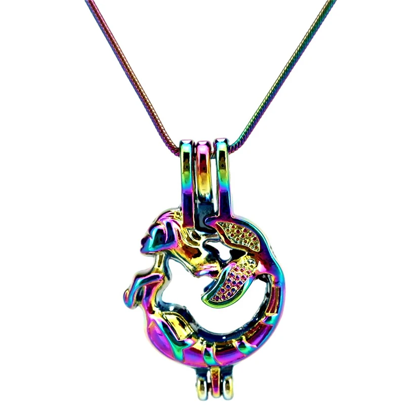 

22" Rainbow Color Snake Chain Pick a Pearl Mermaid Cage Locket Aroma Essential Oil Diffuser (S-PC-666)