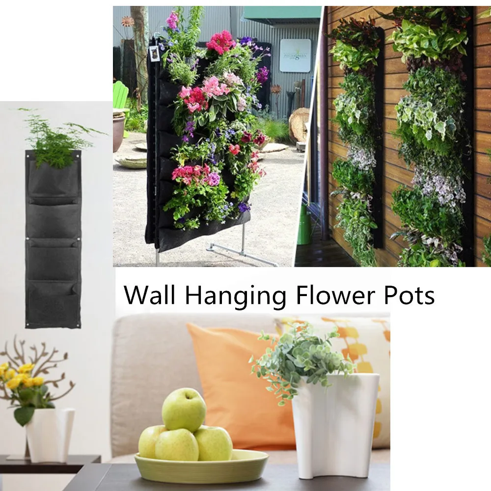 Decorative indoor Wall mounted fabric Polyester Hanging 4 Pockets Large plants wall flower pot