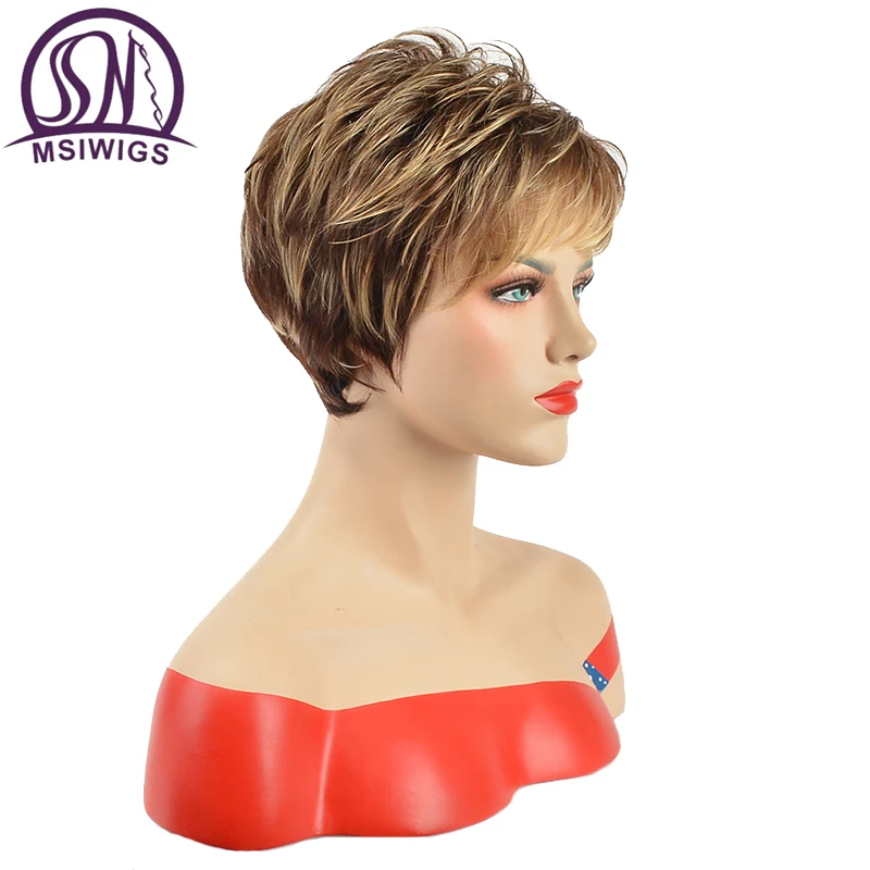 

MSIWIGS Straight Short Burgundy Wigs with Bangs Heat Resistant Synthetic Hair Afro Wig for Women Free Hairnet