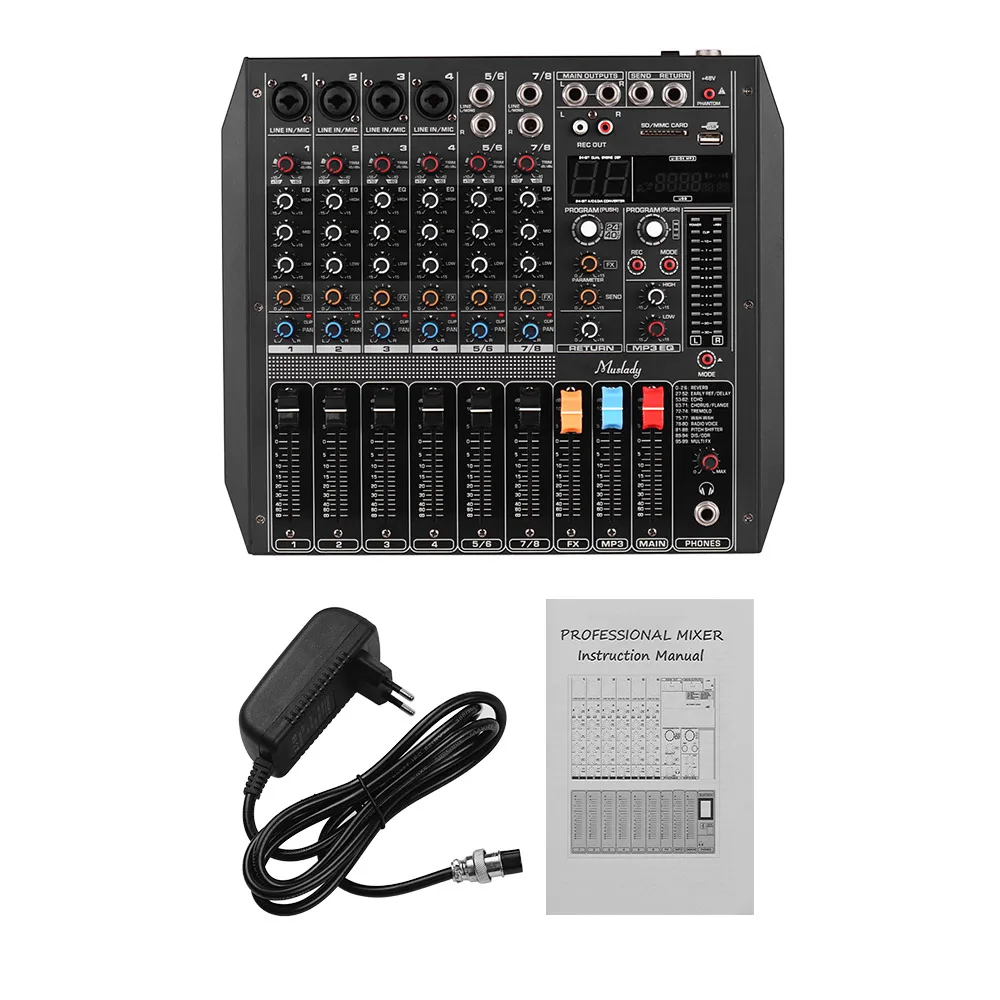 

Muslady ER-800 8-Channel Mixing Console Mixer Built-in 99 DSP Effects +48V Phantom Power Supports BT Connection for DJ Karaoke