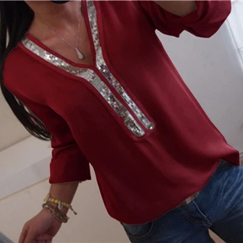 

5XL Oversize Women Blouses Street Sequins V Neck Long Sleeve Chiffon Shirt Plus Size Shirts Spring Summer Loose Blouse Blusa Red
