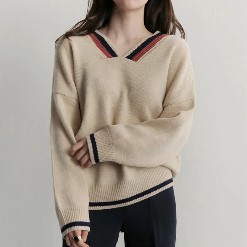 

Japanese Style Wool Women's V-neck Back Knit Pullover Stripes Collar Drop Shoulder Sleeve Wool Female Women Jumper Pullovers
