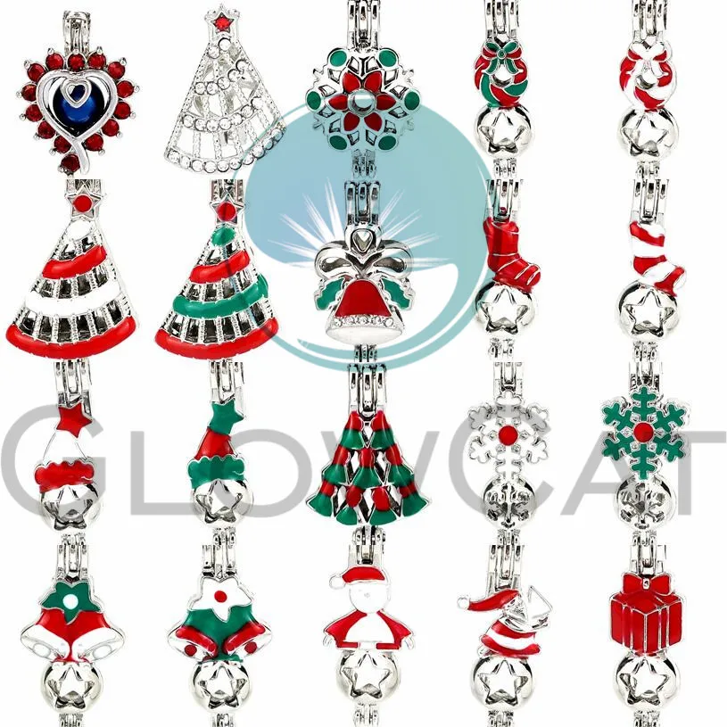 

1x Christmas Theme Enamel Crystal Tree Snowflake Beads Cage Essential Oil Diffuser Locket Pendant Jewelry Making Oyster Pearl