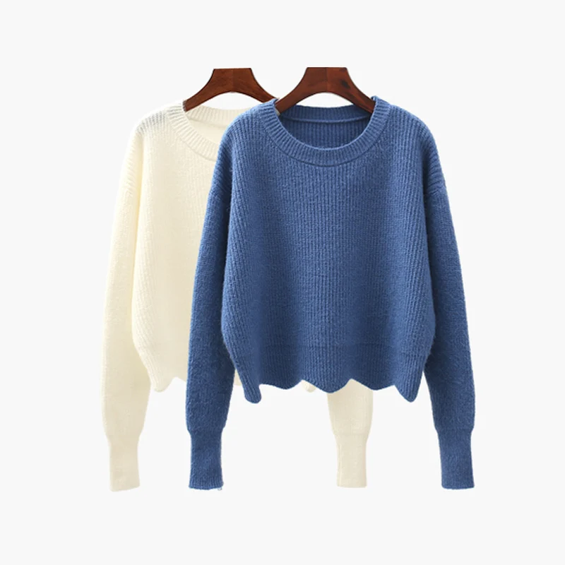 

spring and Autumn Knitted O-Neck Sweaters Women blue Casual Short Pullovers 2019 new white Loose Long sleeve Tops women