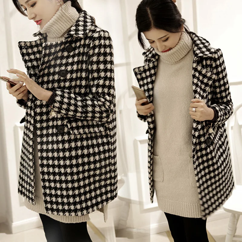 Women's houndstooth wool coat 2017 plus size winter spring Jackets Female slim medium long wool