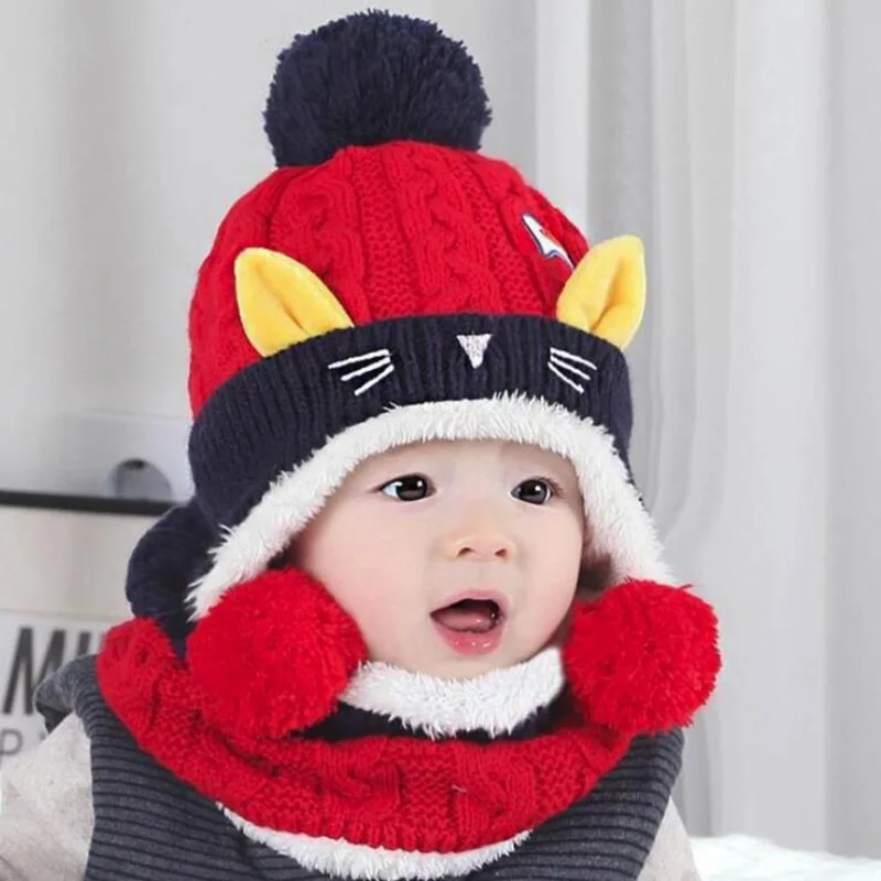 Детская шапка шарф костюм зима теплая вязаная шапка шапки милый кот мультфильм дизайн плюс бархатные наушники Детская шерстяная шапка s 5-24 месяцев - Цвет: Красный