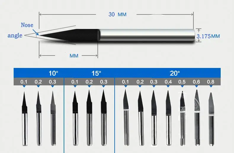 14 шт. 3,175 мм 20 градусов плоское дно Ножи ЧПУ фреза Биты Дровосек гравировка машина подсказка 0,2 ~ 0,8 мм