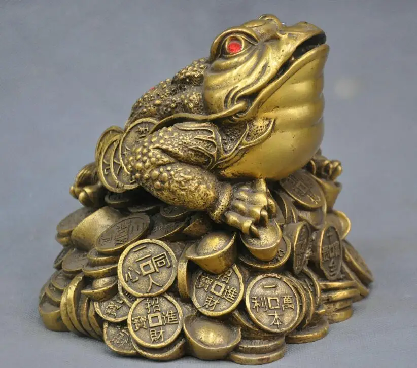 

free 6" China Folk Frog Toad Ingot Lucky Auspicious Bronze Statue fast