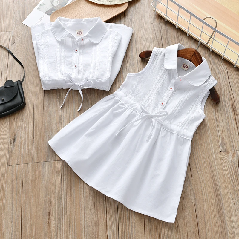 Новые летние хлопковые белые платья для маленьких девочек, детское платье без рукавов с отложным воротником, детское модное летнее платье
