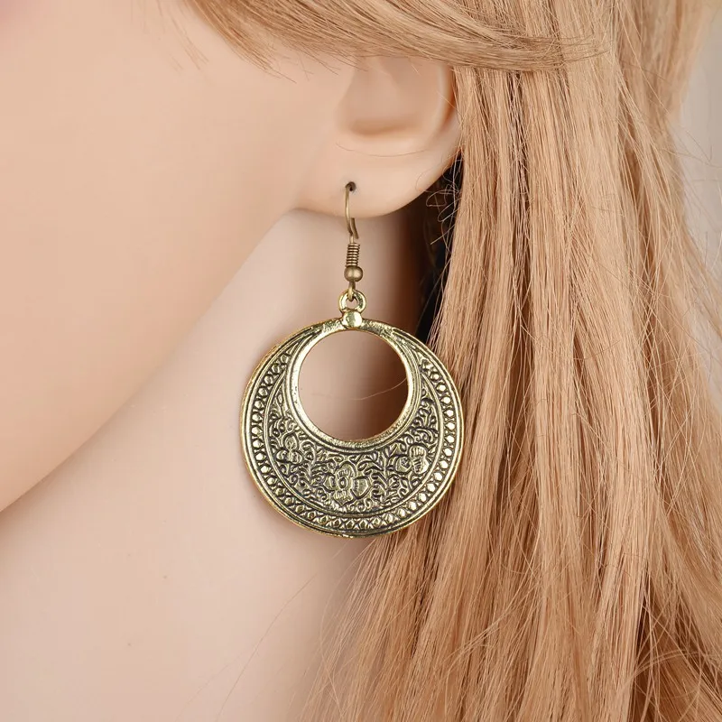 

Classic Vintage Exaggerated Round Hollowed-out Flower Female Silver Gold Drop Earrings For Women Fashion Jewelry Metal Alloy
