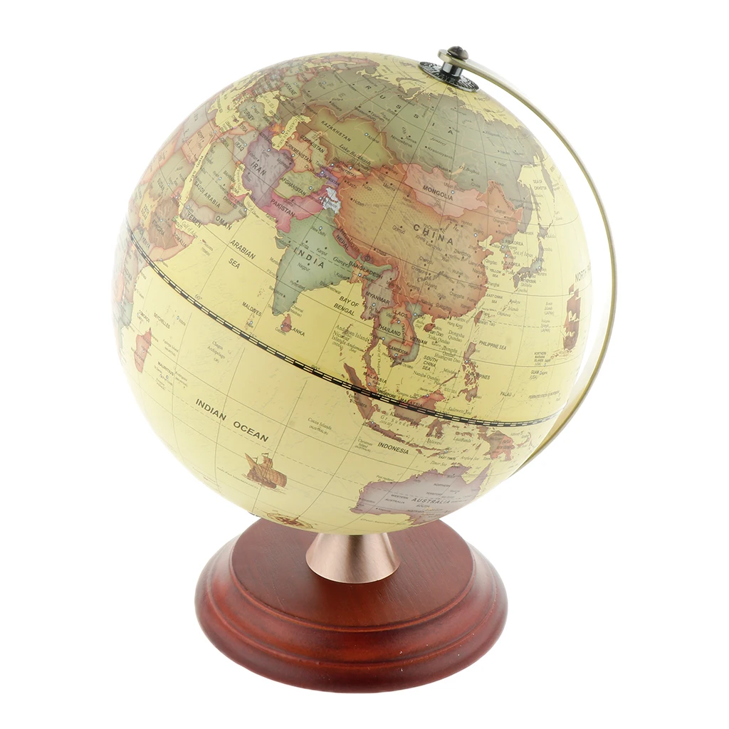 Spinning World Globe Ocean Map With Wooden Stand Geography Kids Students Educational Toy Home Office Miniatures Gift