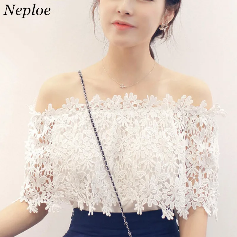 

Neploe Newly Fashion Lace Sleeveless Solid Women Shirts 2019 Summer Slash Neck Hollow Out Blusas Sexy Off Shoulder Blouse 64396