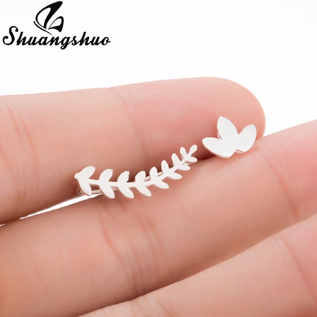 Shuangshuo Trending Geo Ear Climbers Leaves Ear Climber Asymmetrical Stud Earrings Botanical Jewelry Nature Studs Leaf Earrings