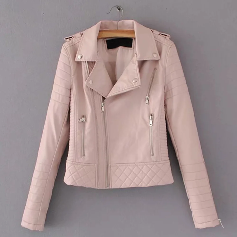 Женская кожаная куртка, мотоциклетная, осенняя, с длинным рукавом, на молнии, мягкая, искусственная кожа, куртки, белые, женские пальто, верхняя одежда - Цвет: Розовый