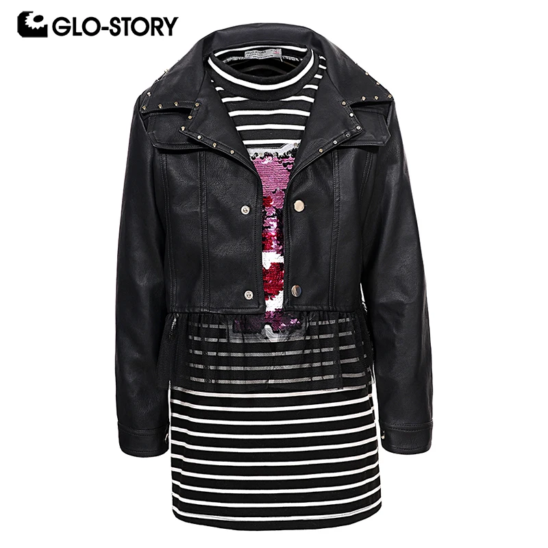 

GLO-STORY Teenage Girls 2018 Autumn Knitted Striped Dress with Faux Leather Jackets Suits Kids Hip Hop Street Wear Sets GLT-7496