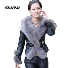 Приталенное кожаное пальто с меховым воротником, винтажные женские зимние теплые куртки, элегантное водонепроницаемое пальто черного цвета, большой размер 4XL, с талией