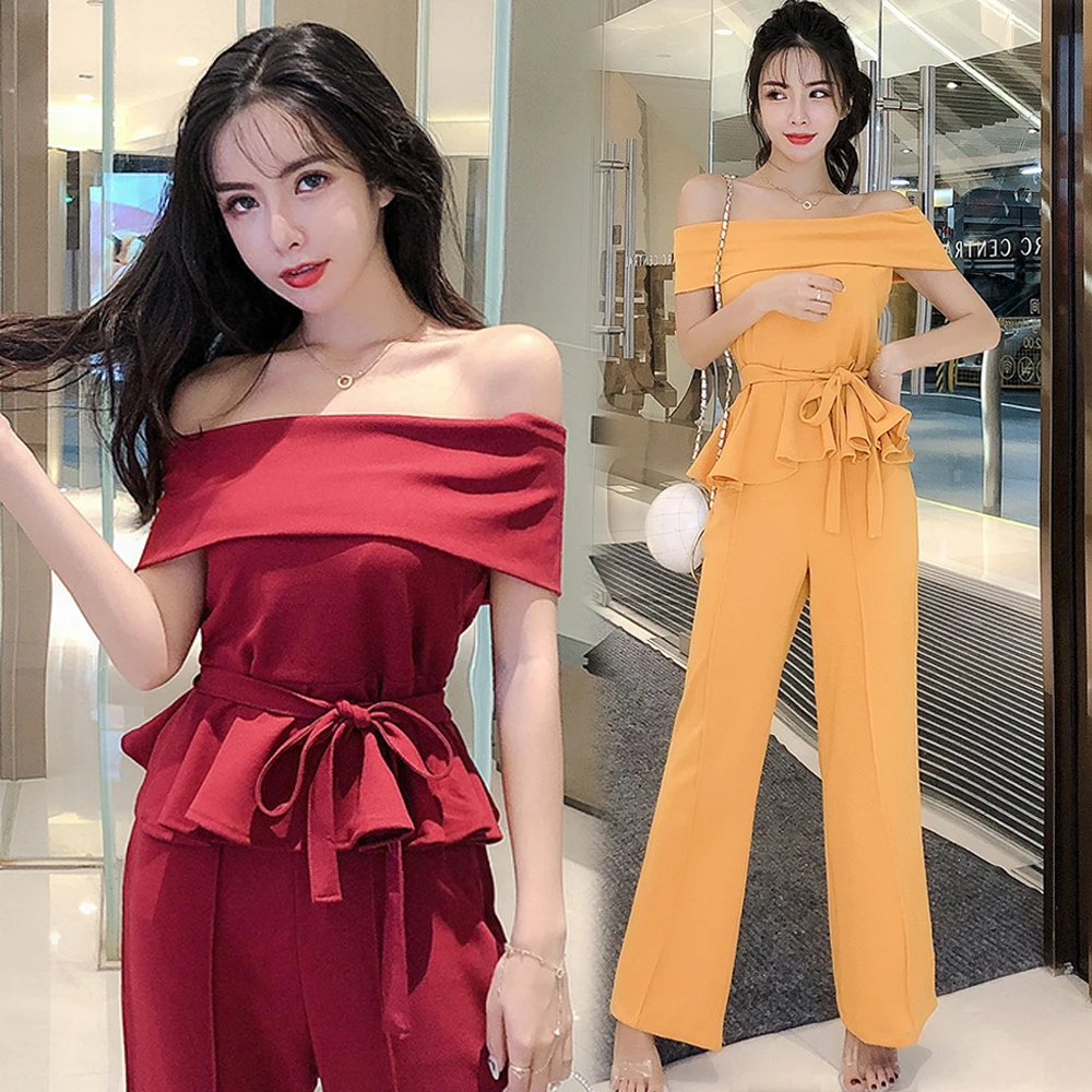 

Sexy Two One Piece Set for Women Outfits Co-ord Set Off Shoulder Slash Neck Top and Pant Suits 2019 Reflective Matching Clothing