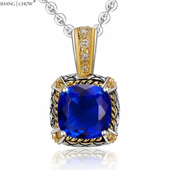 

Vintage Fashion Jewelry Golden around Square Blue Stone 925 Sterling Silver Pendant for women P0455