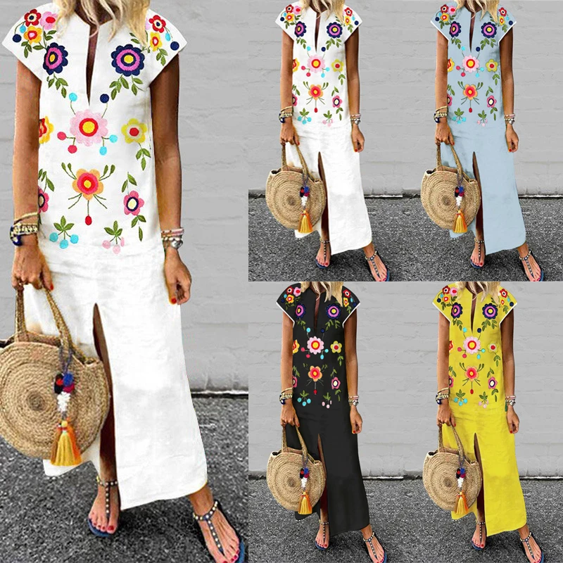 

Plus Size Print Maxi Dress Women's Summer Sundress 2019 ZANZEA Female V Neck Long Vestisos Short Sleeve Split Robe Femme
