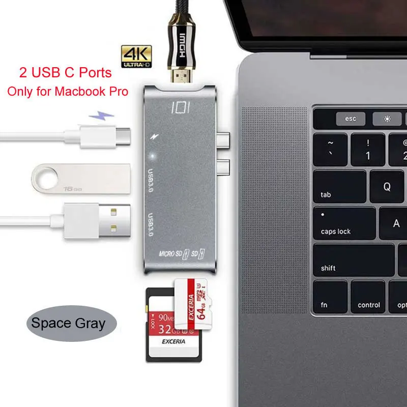 

Thunderbolt 3 Adapter USB C Hub to HDMI 4K HD with PD Charging Port TF SD Card Reader Slot Hub 3.0 for MacBook Pro/Air 2018
