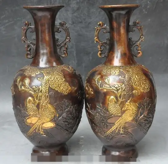 

S5483 13"Marked Chinese Bronze Gilt flower bird lucky statue Bottle Pot Vase Jar pair discount 30% (C0324)