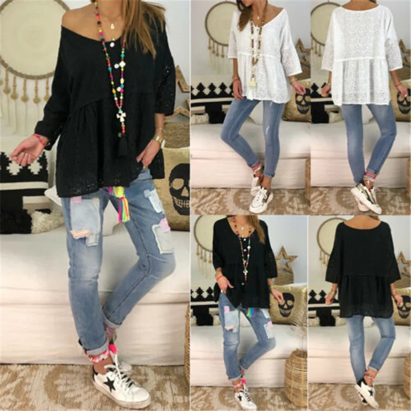 Womens-Summer-Long-Sleeve-Lace-Casaul-Hole-Sexy-V-neck-Solid-White-Elegant-T-Shirt-Ruffle