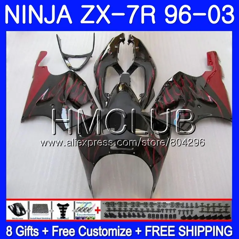 

Body For KAWASAKI NINJA ZX-7R ZX750 ZX 7R 00 01 02 03 11HM.18 ZX 7 R ZX 750 ZX7R 1996 2000 2001 2002 2003 Fairings Red flames
