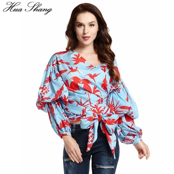 

2018 Blouse Womens Lantern Sleeve Bow Belted Birds Print Chemise Femme Wrap Chiffon Blouse Womens Long Sleeve Tops Blouse Women